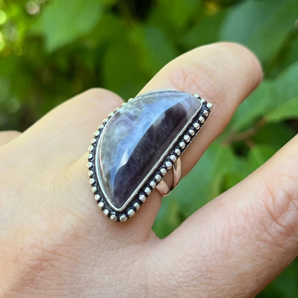 Size 6.75 925 silver plated half‎ moon amethyst ring